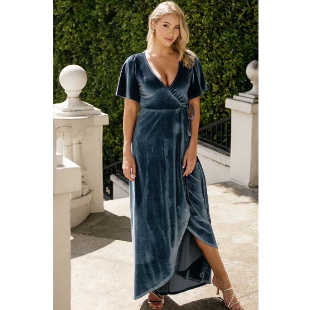 BALTIC BORN Katelyn blue green velvet short sleeve maxi wrap long dress - Picture 12 of 12